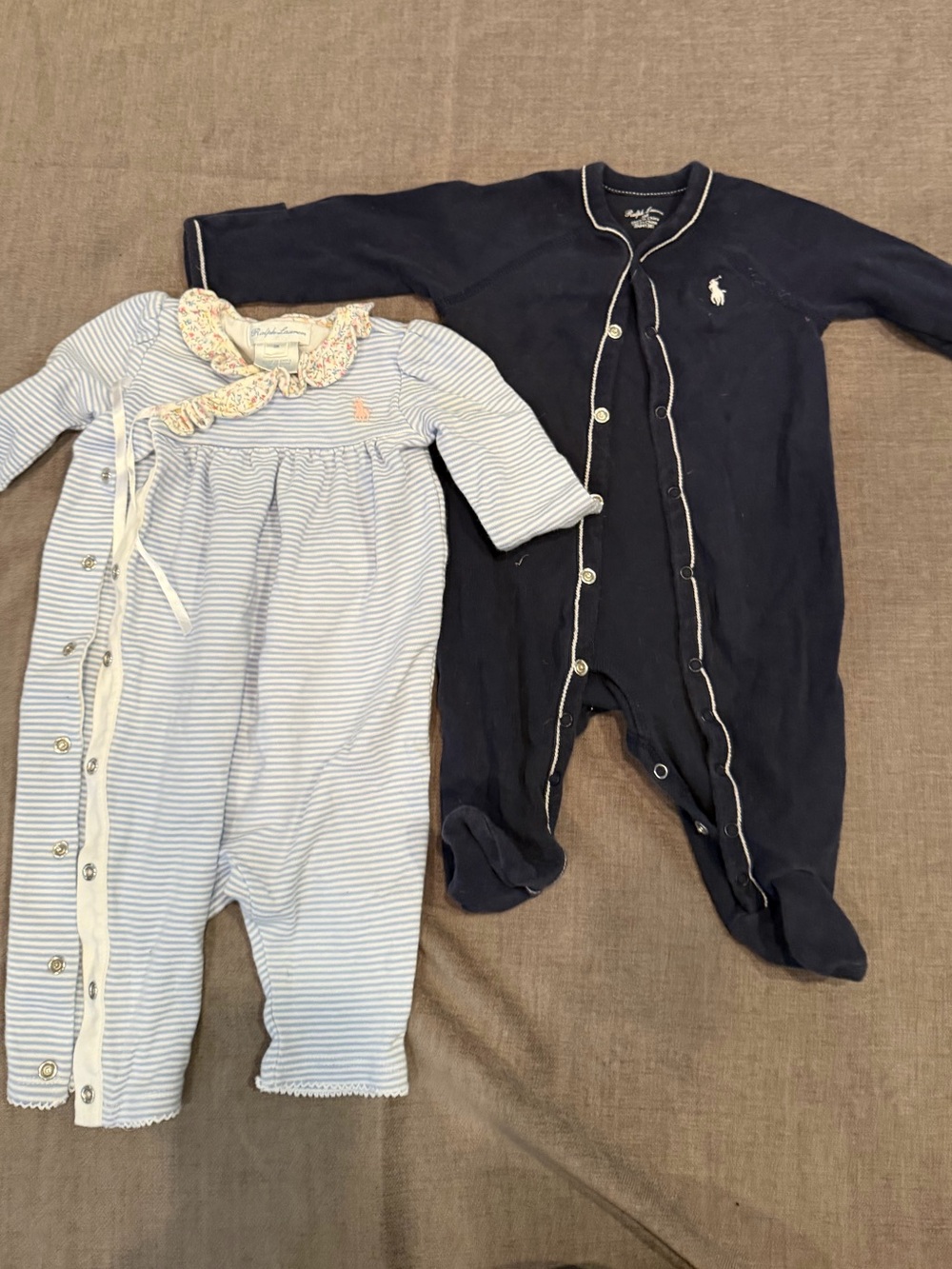 Ralph Lauren Navy & Light Blue Striped Baby Footie Set 3M